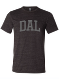 Dark, charcoal gray tshirt with text reading "DAL" in gray ink.
