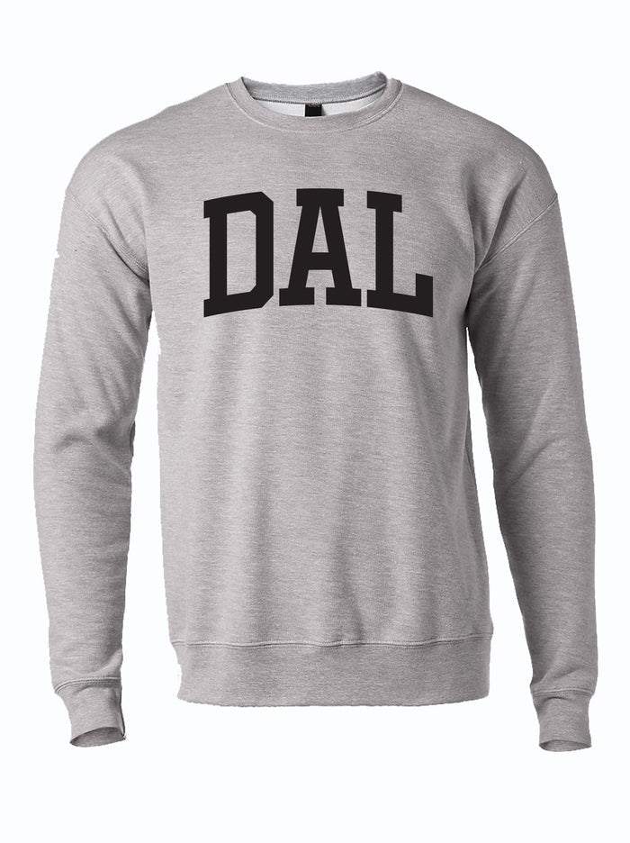 DAL Crewneck Sweater in gray featuring a bold 'DAL' design, perfect as a Texas themed gift, showcasing local pride. Ideal for anyone looking for Texas Made Gifts, souvenirs from Texas, or a thoughtful dallas souvenir. A great choice for texan gifts!