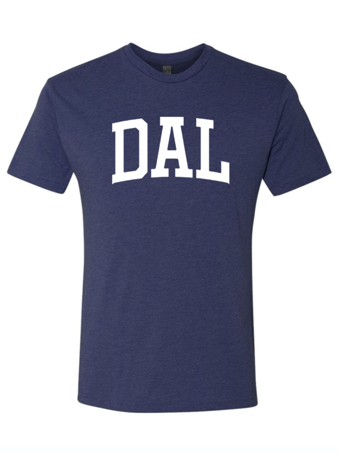 Navy tshirt with text reading "DAL" in white letters.