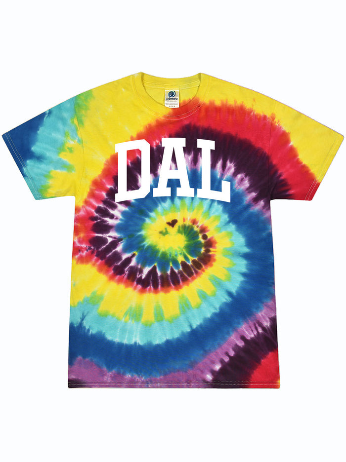 Colorful tie-dye t-shirt with 'DAL' printed on it in white letters.