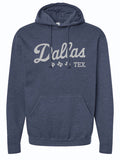 Dallas Area Codes Pullover Hoodie showcasing the word 'Dallas' in stylish script, perfect for any Texan looking for a cozy option. This hoodie is a great Texas themed gift, representing Texas Made Gifts and ideal as a souvenir from Texas. It's a must-have for anyone seeking a dallas souvenir or unique texan gifts.