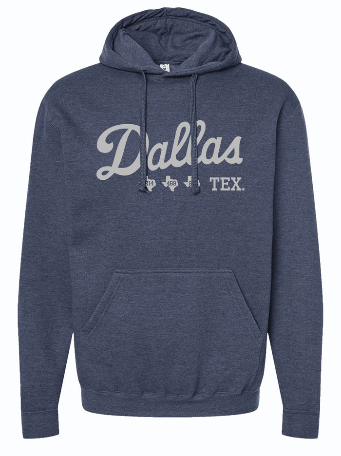 Dallas Area Codes Pullover Hoodie showcasing the word 'Dallas' in stylish script, perfect for any Texan looking for a cozy option. This hoodie is a great Texas themed gift, representing Texas Made Gifts and ideal as a souvenir from Texas. It's a must-have for anyone seeking a dallas souvenir or unique texan gifts.