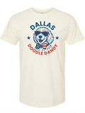 Cream tshirt with a graphic design of a doodle dog wearing sunglasses in a circle of text reading "Dallas Doodle Dandy."