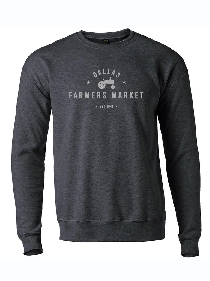 Dallas Farmers Market Crewneck Sweater in dark gray featuring a stylish tractor graphic. This cozy unisex sweatshirt makes a great Texas themed gift, perfect as a souvenir from Texas for anyone who loves Dallas or is looking for unique Texan gifts.