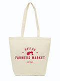 Dallas Farmers Market Tote Bag featuring a bold design with a tractor and vintage typography, perfect for carrying groceries or farmers market finds. A great Texas themed gift, this tote is ideal for anyone looking for Texas Made Gifts, souvenirs from Texas, or a unique dallas souvenir. Ideal for proud Texans and those who appreciate texan gifts.