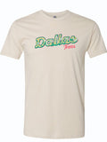 Cream tshirt with a graphic design of "Dallas Texas" text with wild flowers incorporated in the letters.