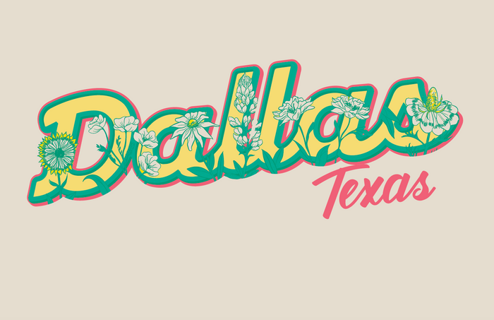 Graphic design of 'Dallas Texas' with floral elements on a cream background.