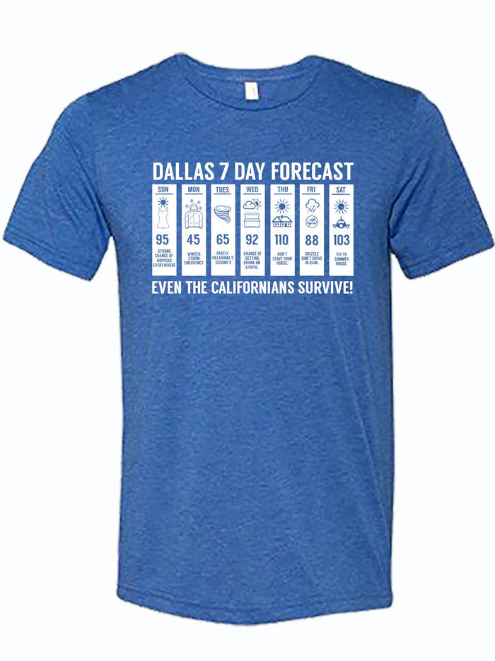 Royal blue tshirt with a graphic design of a weather forecast for Dallas with humorous text.