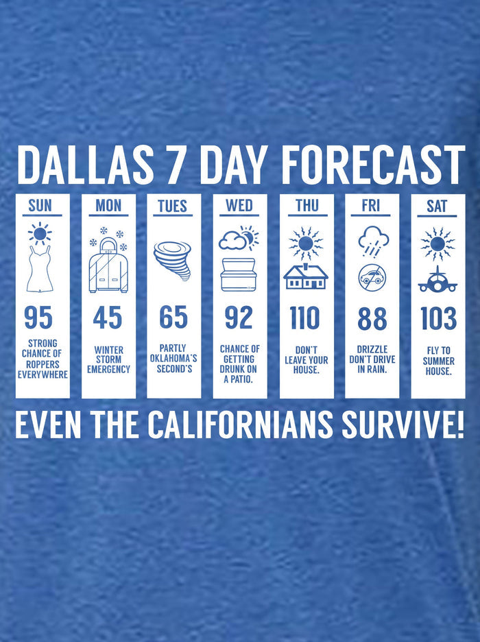 Detailed graphic of the Dallas 7-day weather forecast design with humorous text for the weather information.