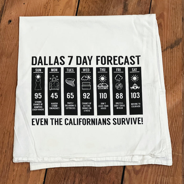 Dallas Forecast Tea Towel featuring a fun 7-day weather forecast design, perfect as a Texas themed gift, showcasing the unique charm of Dallas. Ideal for anyone seeking Texas Made Gifts or souvenirs from Texas, this towel is a great dallas souvenir and a lovely addition to any collection of texan gifts.