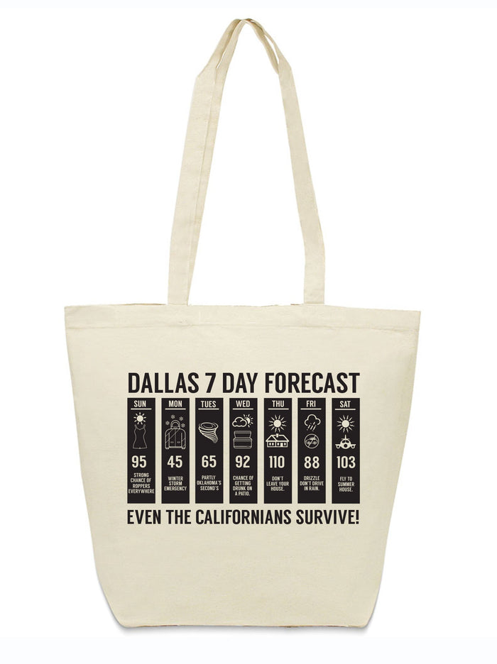 Dallas Forecast Tote Bag featuring a playful weather forecast for Dallas, Texas. A perfect Texas themed gift for grocery trips or farmers markets, this tote is made from 100% cotton canvas, showcasing fun designs with a humorous twist. Great as a Dallas souvenir or Texan gift, it's an essential accessory for anyone who loves Texas made gifts!