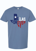Slate Blue t-shirt with 'Dallas Forever' design in the shape of Texas printed in red, white and blue ink.