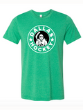 Kelly green tshirt with a graphic image of a hockey player design in a circle of text reading "Dallas Hockey."