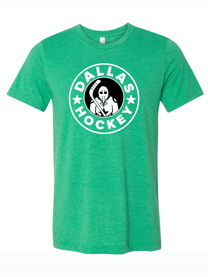 Kelly green tshirt with a graphic image of a hockey player design in a circle of text reading "Dallas Hockey."