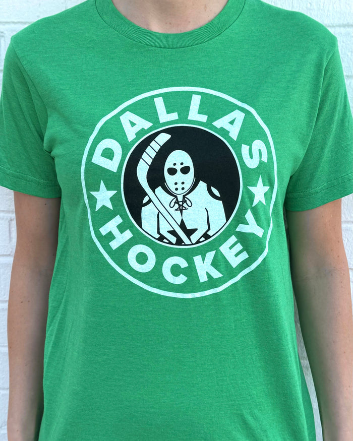 Close-up photo of a person wearing the Dallas Hockey tshirt.