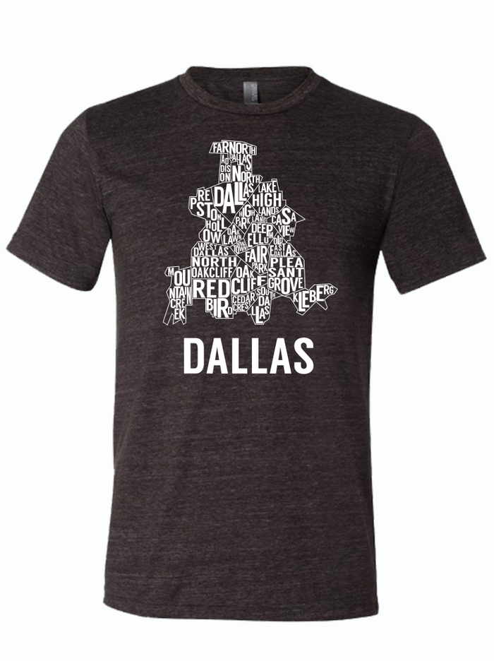 Dark, charcoal gray tshirt with a graphic design of a map of Dallas outlining the different neighborhoods.