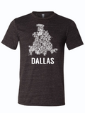 Dark, charcoal gray tshirt with a graphic design of a map of Dallas outlining the different neighborhoods.
