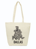 Dallas Neighborhoods Tote Bag featuring a creative typography design showcasing various neighborhoods in Dallas. This unique tote is a perfect Texas themed gift, combining style and practicality. It's an ideal option for Texas Made Gifts, perfect for carrying groceries or as a souvenir from Texas. Grab this Dallas souvenir to celebrate your Texan roots or gift it as a thoughtful present for friends who appreciate Texan gifts.
