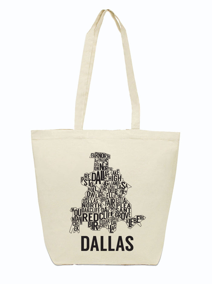 Dallas Neighborhoods Tote Bag featuring a creative typography design showcasing various neighborhoods in Dallas. This unique tote is a perfect Texas themed gift, combining style and practicality. It's an ideal option for Texas Made Gifts, perfect for carrying groceries or as a souvenir from Texas. Grab this Dallas souvenir to celebrate your Texan roots or gift it as a thoughtful present for friends who appreciate Texan gifts.