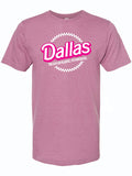 Mauve t-shirt with 'Dallas' text in pink and white in a circle design.