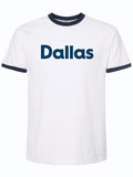 White t-shirt with 'Dallas' text on a white background