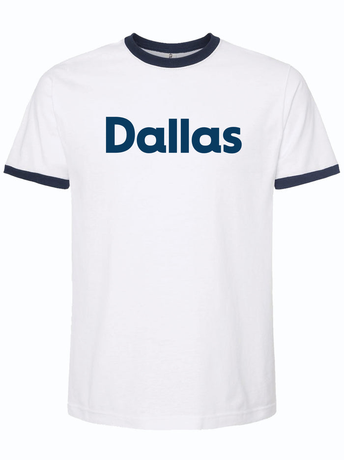 White t-shirt with 'Dallas' text on a white background