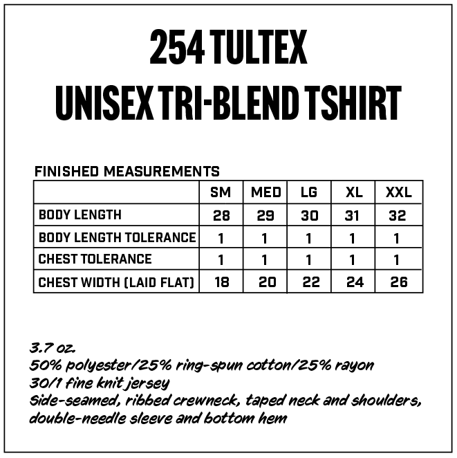 Measurement chart for a 254 Tultex unisex tri-blend t-shirt with size specifications.