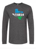 Dallas Silhouette Skyline Long Sleeve shirt featuring a Texas design, perfect for Texas themed gifts, Texas Made Gifts, souvenirs from Texas, and as a dallas souvenir or texan gifts.