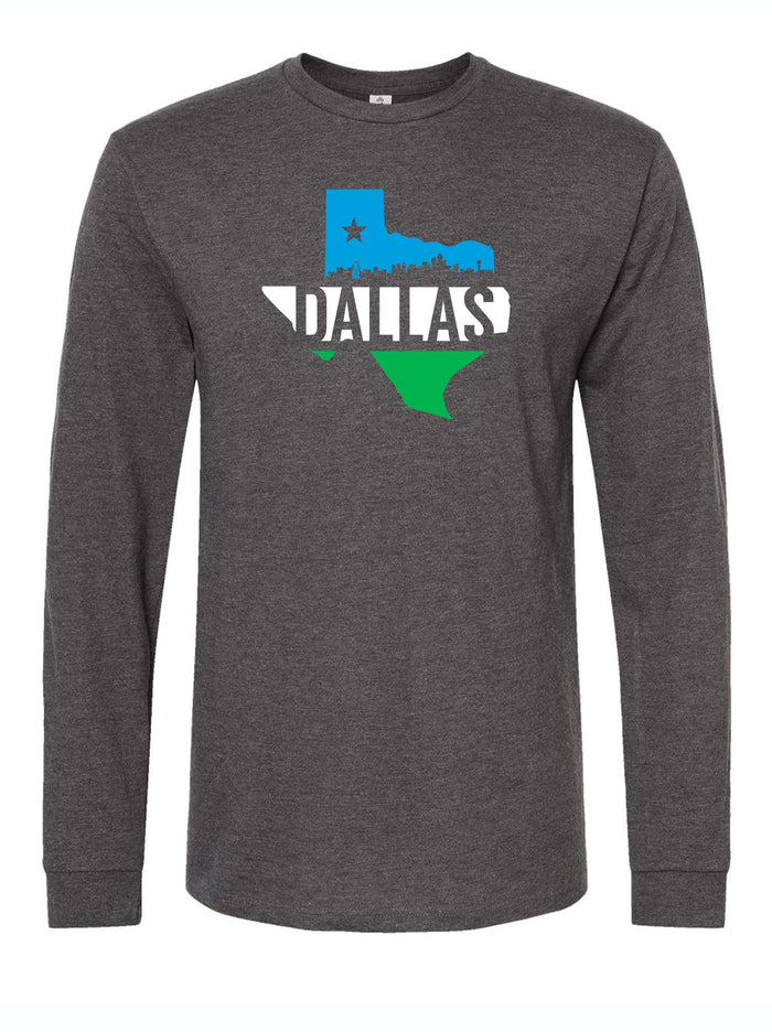 Dallas Silhouette Skyline Long Sleeve shirt featuring a Texas design, perfect for Texas themed gifts, Texas Made Gifts, souvenirs from Texas, and as a dallas souvenir or texan gifts.