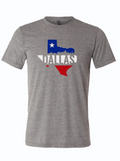 Gray tshirt with a graphic design of the shape of Texas and the text "Dallas" written across the middle.
