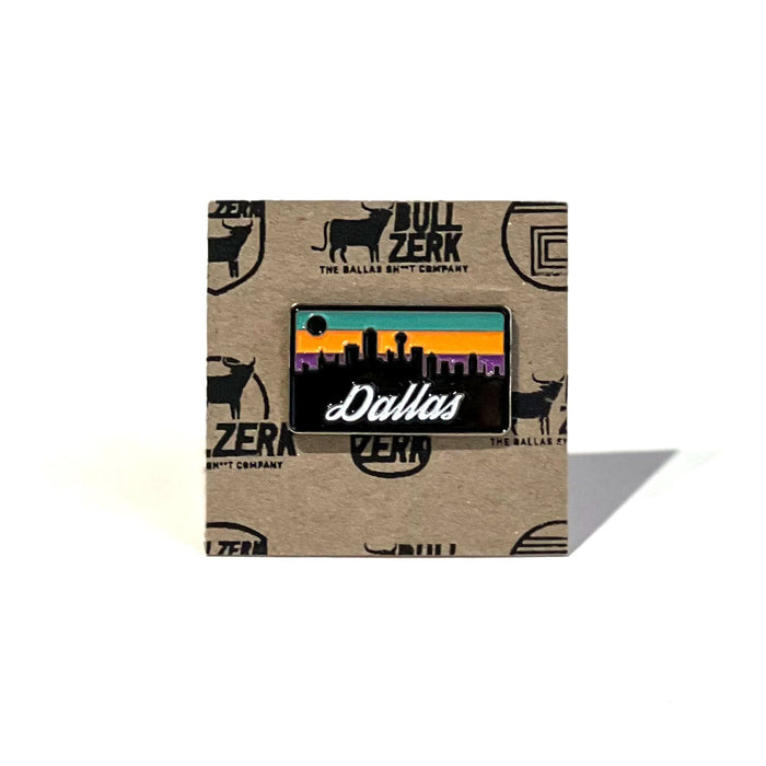 A colorful Dallas Skyline Enamel Pin showcasing the iconic skyline on a stylish backing. Perfect for Texas themed gifts, this collectible is a great Texas Made Gift, ideal as a souvenir from Texas, and a must-have for anyone looking for unique Dallas souvenirs or Texan gifts.