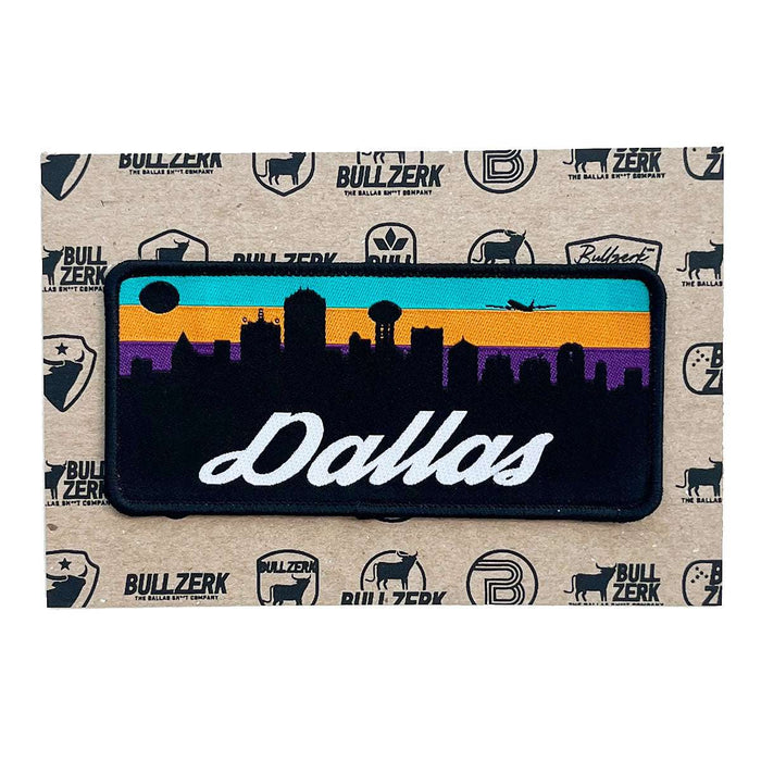 Dallas Skyline Patch featuring a colorful silhouette of the Dallas skyline, perfect as a Texas themed gift. This high-quality embroidered patch is great for decorating jean jackets or bags and represents a unique souvenir from Texas. Ideal for anyone looking for Texan gifts or a stylish Dallas souvenir.