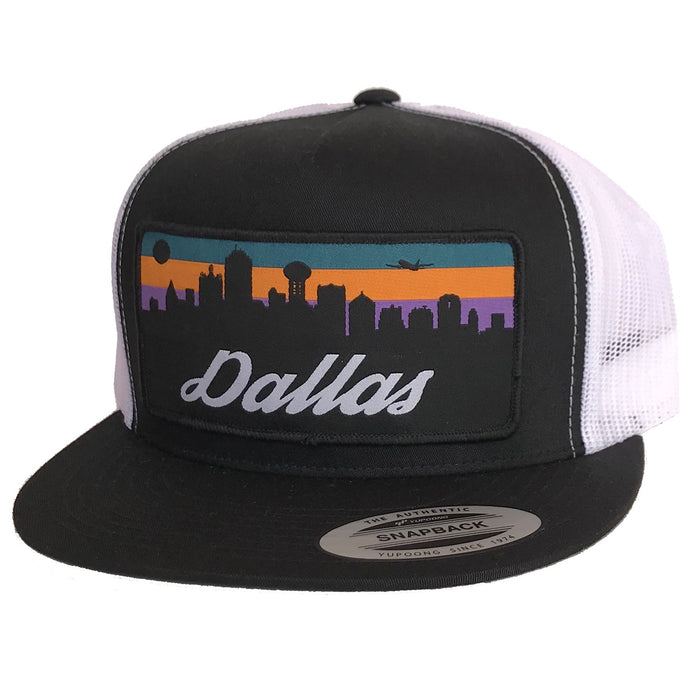 Dallas Skyline Patched Flat Bill Hat features a stylish black and white mesh design with a vibrant skyline patch. Perfect as a Texas themed gift, this trendy cap represents Dallas and makes a great souvenir from Texas or a unique Texan gift.