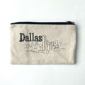 Dallas Skyline Pencil Bag featuring a simple sketch of the Dallas skyline on a natural fabric. This stylish bag is perfect for storing stationery and makes a great Texas themed gift, ideal for those looking for Texas Made Gifts or souvenirs from Texas, especially for Dallas enthusiasts.