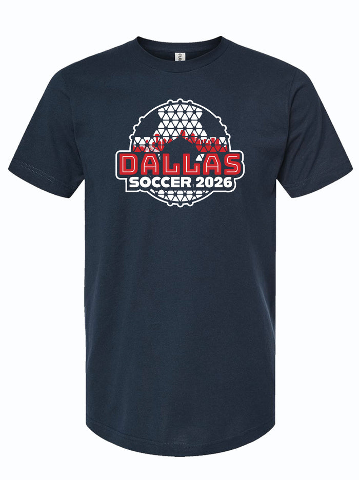 Navy blue t-shirt with 'Dallas Soccer 2026' graphic on a white background