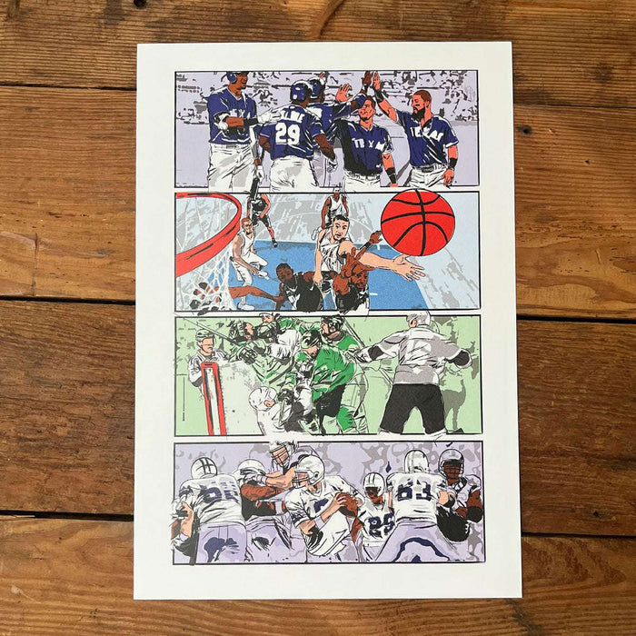Dallas Sports Art Print featuring vibrant illustrations of basketball and football scenes, perfect for any sports enthusiast. This Texas themed gift makes a great Dallas souvenir and showcases local artistry. Ideal for fans looking for unique Texas Made Gifts or Texan gifts.