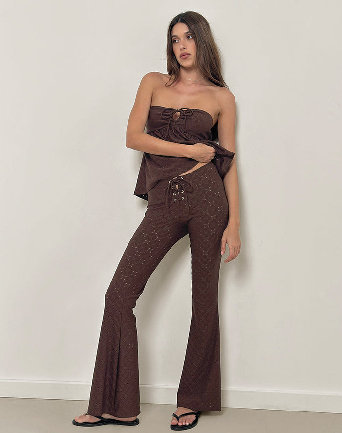 Image of Dan Tie Front Flared Trousers in Broderie Brown