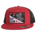 Deep Ellum Patched Flat Bill Hat featuring a vibrant red and black design with a hand-sewn patch, perfect as a Texas themed gift, representing Texas Made Gifts and ideal for souvenirs from Texas, especially for fans of Dallas memorabilia and Texan gifts.