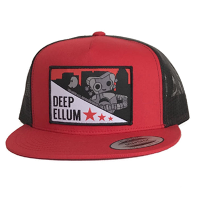 Deep Ellum Patched Flat Bill Hat featuring a vibrant red and black design with a hand-sewn patch, perfect as a Texas themed gift, representing Texas Made Gifts and ideal for souvenirs from Texas, especially for fans of Dallas memorabilia and Texan gifts.