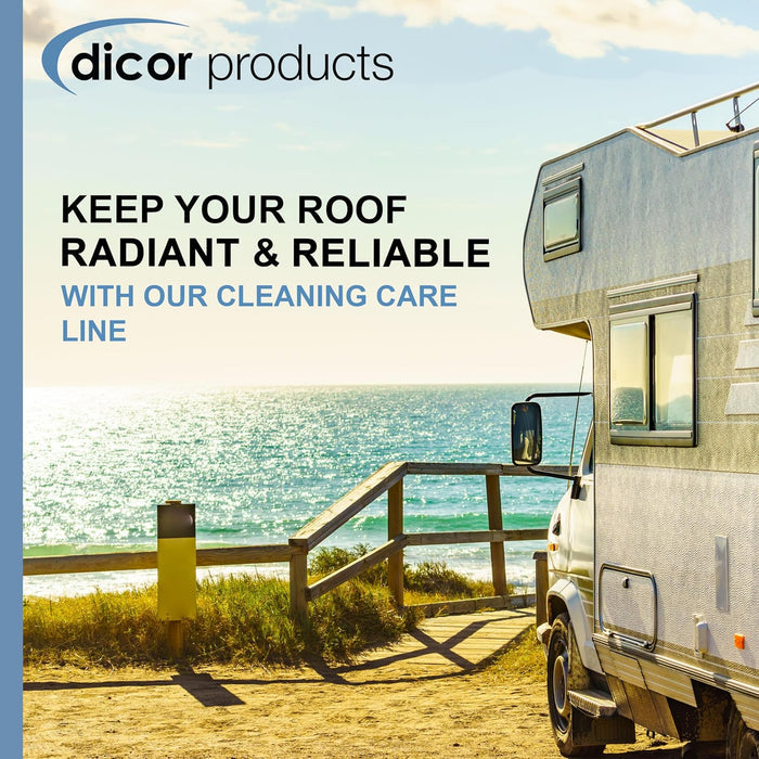 White RV Parked at Beach with Dicor Roof Care Marketing - Lifestyle View | United RV Parts