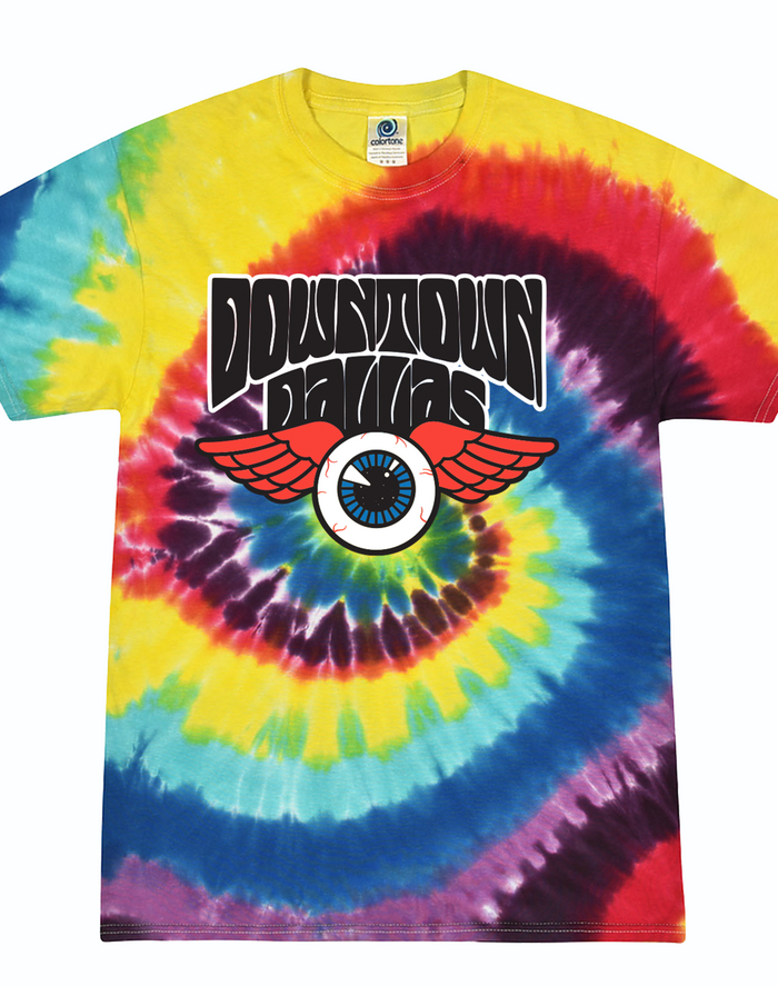 Bright colored Tie-dye t-shirt with 'Downtown Dallas' design written above a flying eyeball.