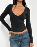 Image of Dulcet Ribbed Plunge Long Sleeve Top in Black