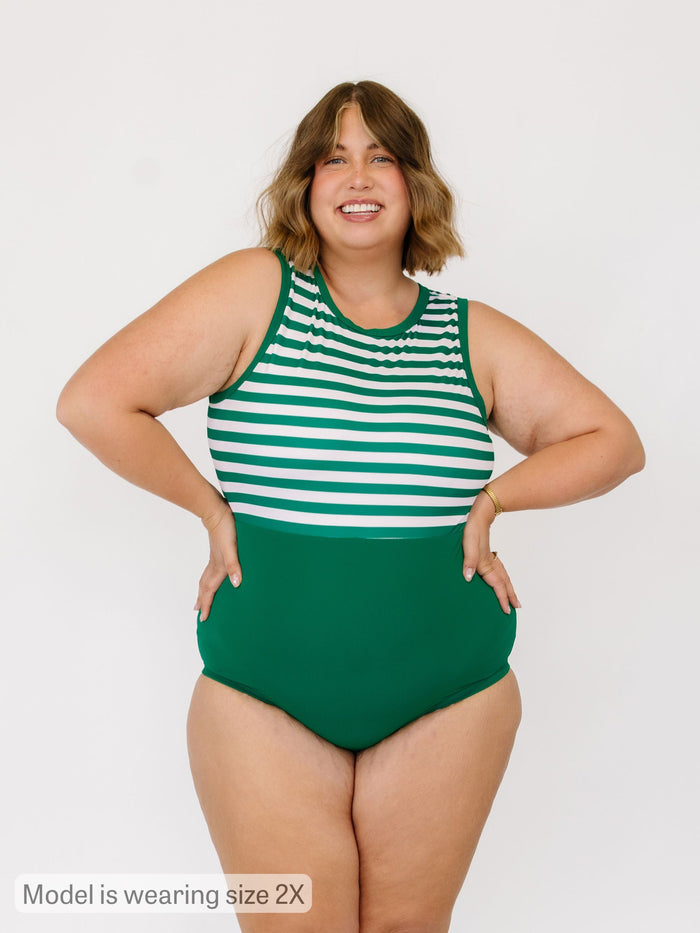 Emerald Stripe High-Neck One-Piece