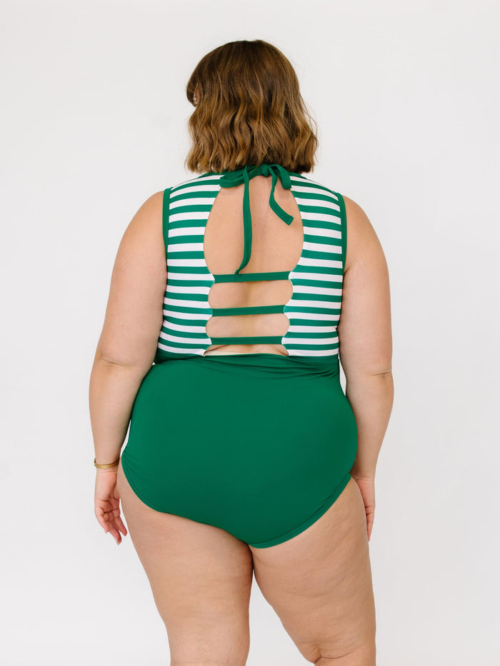 Emerald Stripe High-Neck One-Piece