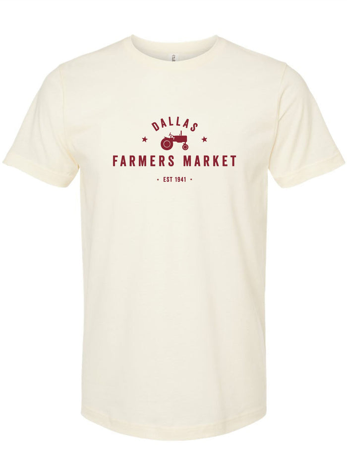 Cream tshirt with Dallas Farmers Market logo in dark red.