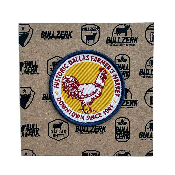 Farmers Market Patch featuring a colorful rooster design, perfect for adding flair to your jean jacket. This Texas themed gift is a high-quality embroidered patch with an iron-on backing, ideal for those seeking Texas Made Gifts and unique souvenirs from Texas, especially a memorable dallas souvenir or awesome texan gifts.