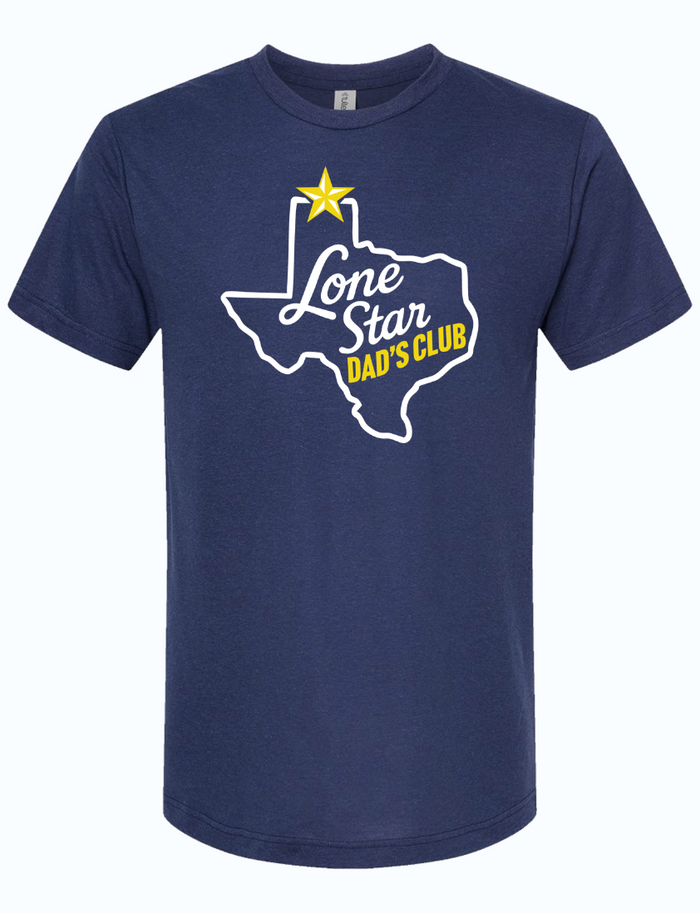 Navy tshirt with a graphic design of the shape of Texas and text reading "Lone Star Dad's Club" in white and yellow letters.