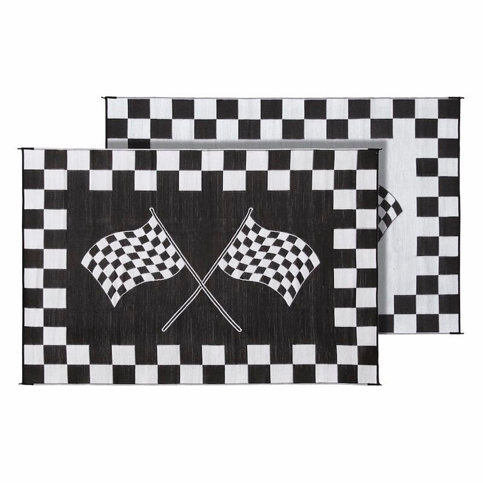 Black & White Checkered RV Patio Mat Both Sides Shown - Flat Lay | United RV Parts
