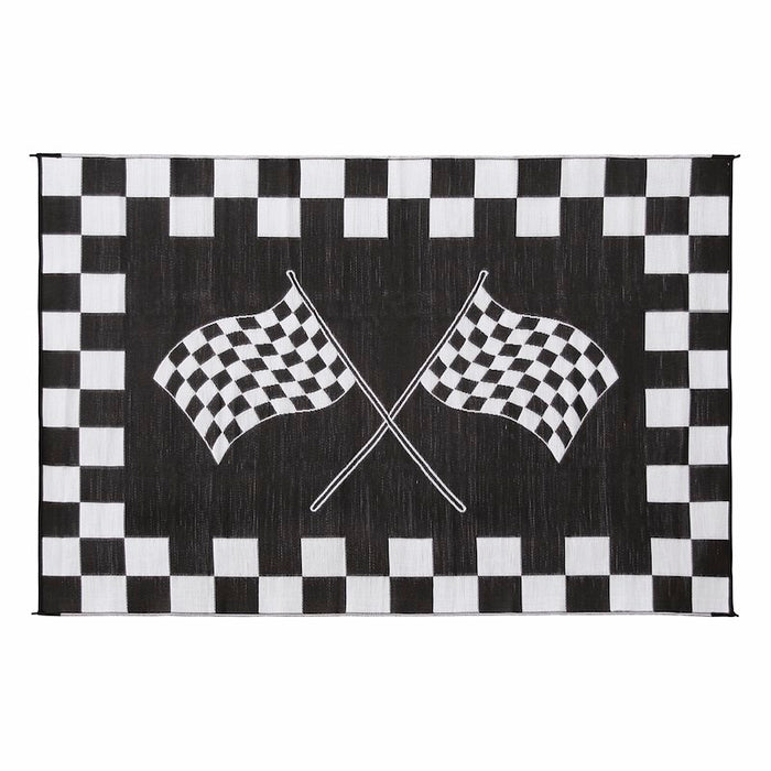 Faulkner Finish Line 8x20 Patio Mat Black Side - Crossed Racing Flags Design | United RV Parts