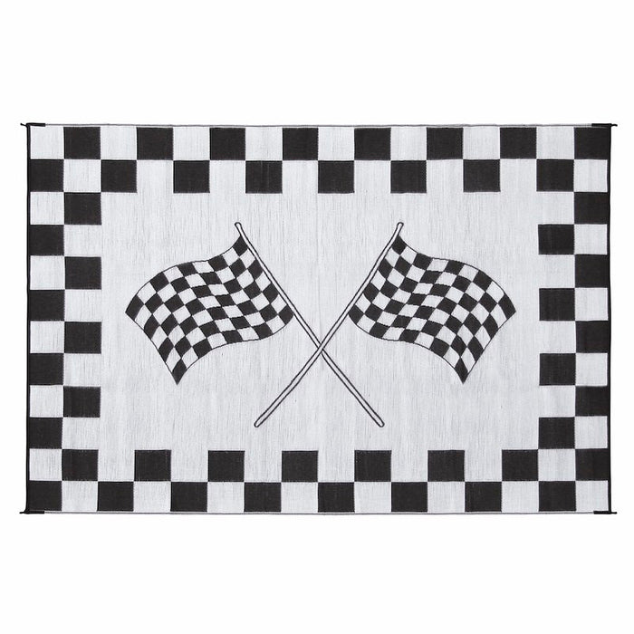 Faulkner Finish Line Patio Mat White Reverse Side - Checkered Border Pattern | United RV Parts